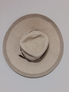 Beige Wide-Brim Straw Fedora Hat with Brown Band - Men Accessories